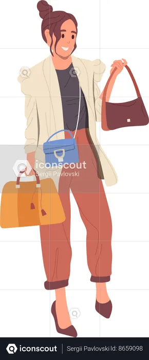 Mujer joven de moda eligiendo un nuevo bolso artesanal  Illustration