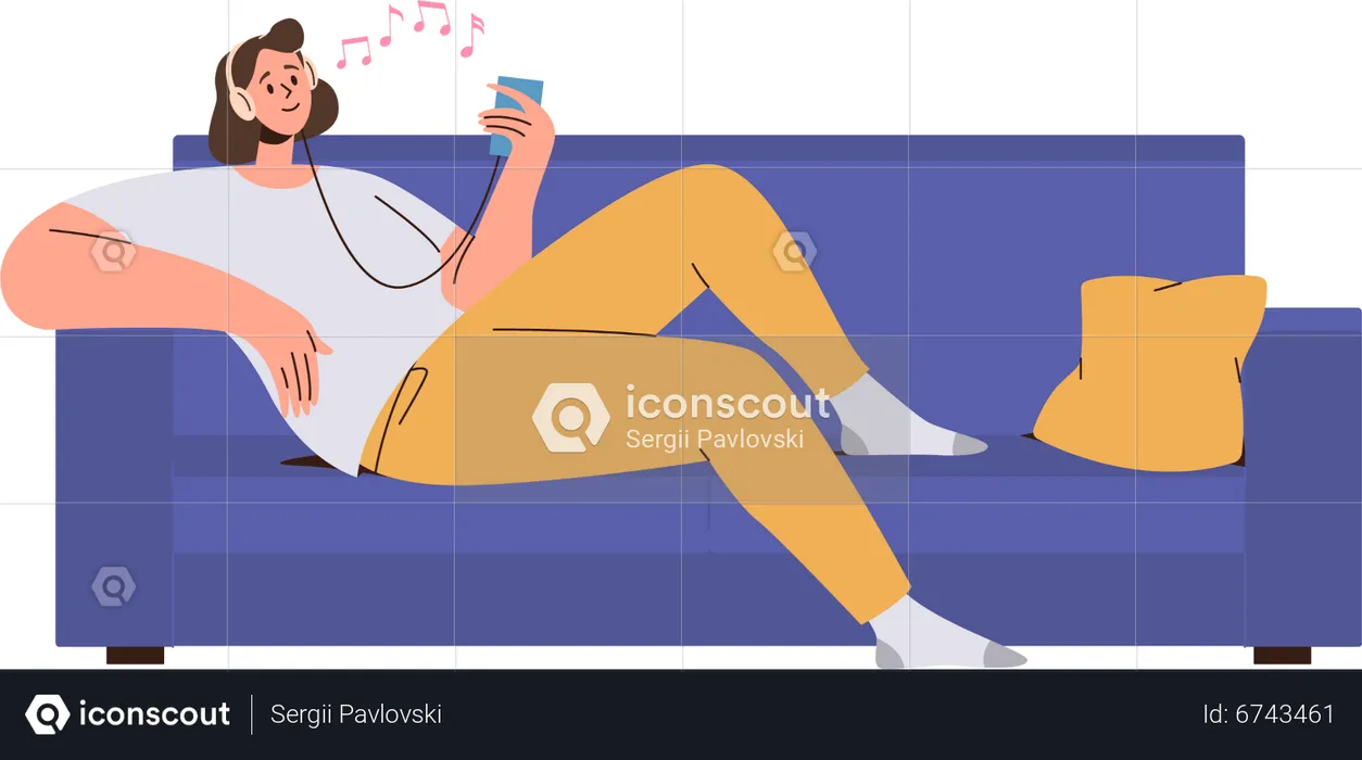 Mujer joven escuchando música mientras descansa en el sofá  Ilustración