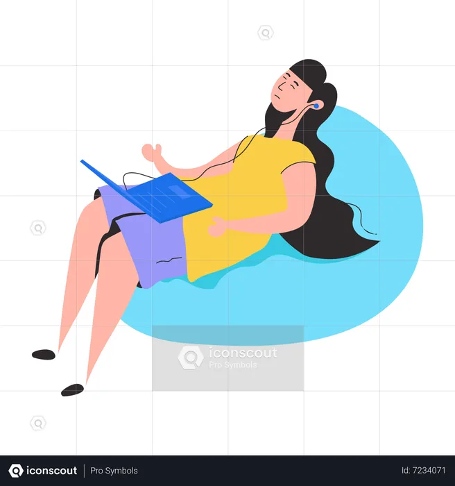 Mujer joven escuchando música usando una computadora portátil  Ilustración