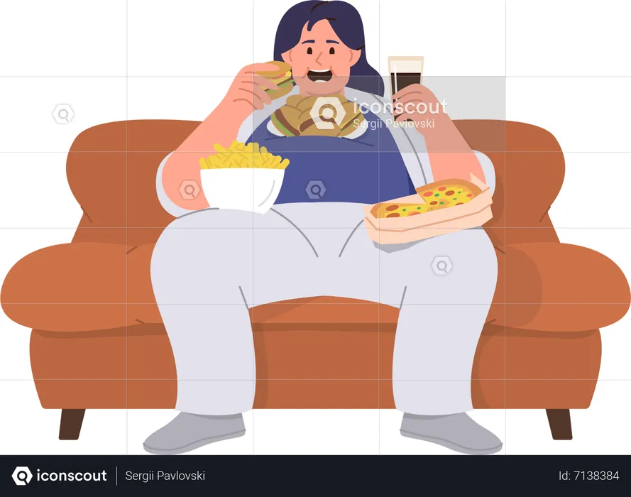 Mujer gorda joven sentada en el sofá comiendo comida rápida  Ilustración