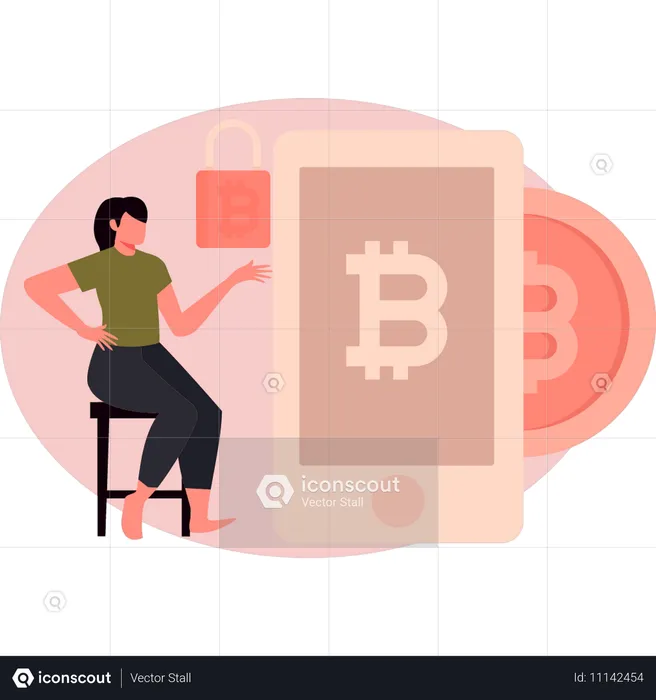 Mujer joven haciendo protección de bitcoin en el móvil  Ilustración