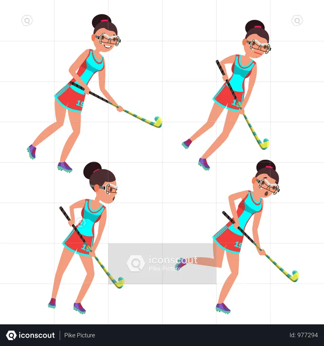 Vector de jugador de hockey sobre césped de mujer joven. Juego de hockey sobre hierba. Chica. Ilustración de dibujos animados plana  Ilustración
