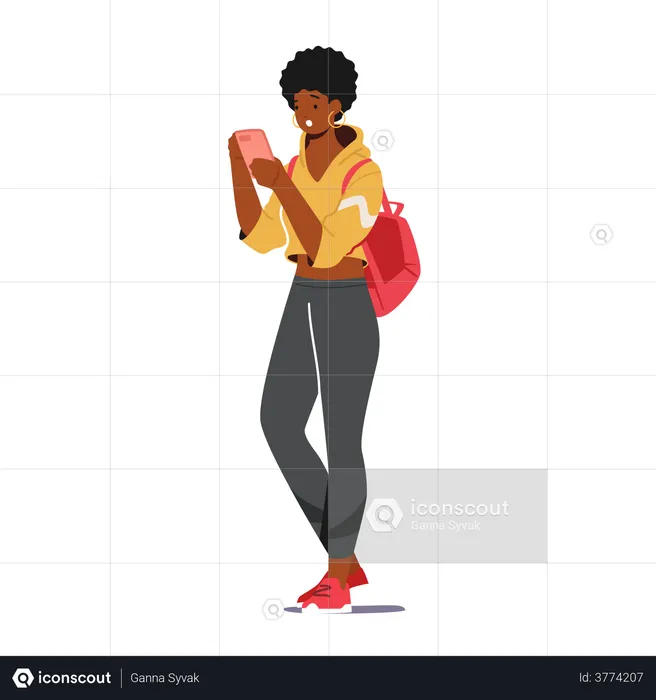 Mujer joven lee o envía SMS a un amigo usa celular  Ilustración