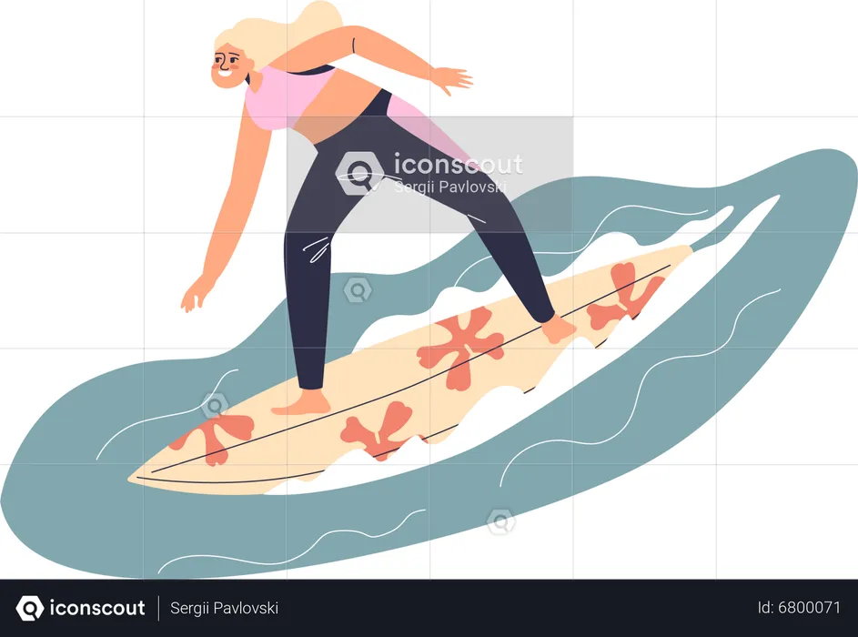 Mujer joven montando tabla de surf  Ilustración