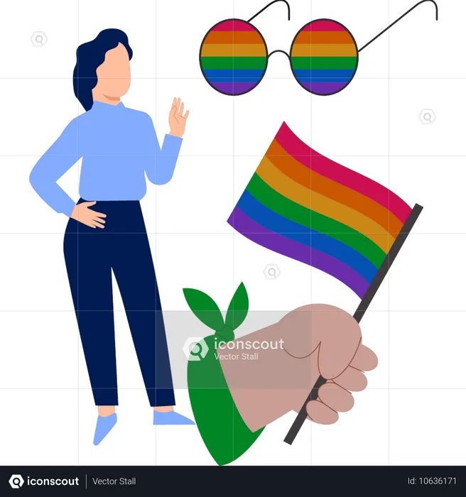 Mujer joven mostrando la bandera del amor gay  Ilustración