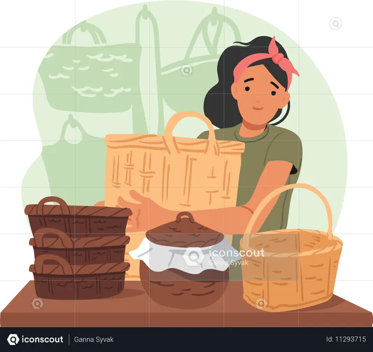 Mujer joven promocionando cestas de mimbre creativas hechas a mano en un taller  Ilustración