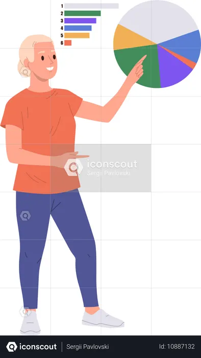 Análisis financiero de una mujer joven que presenta métricas y estadísticas de referencia en un gráfico circular  Ilustración