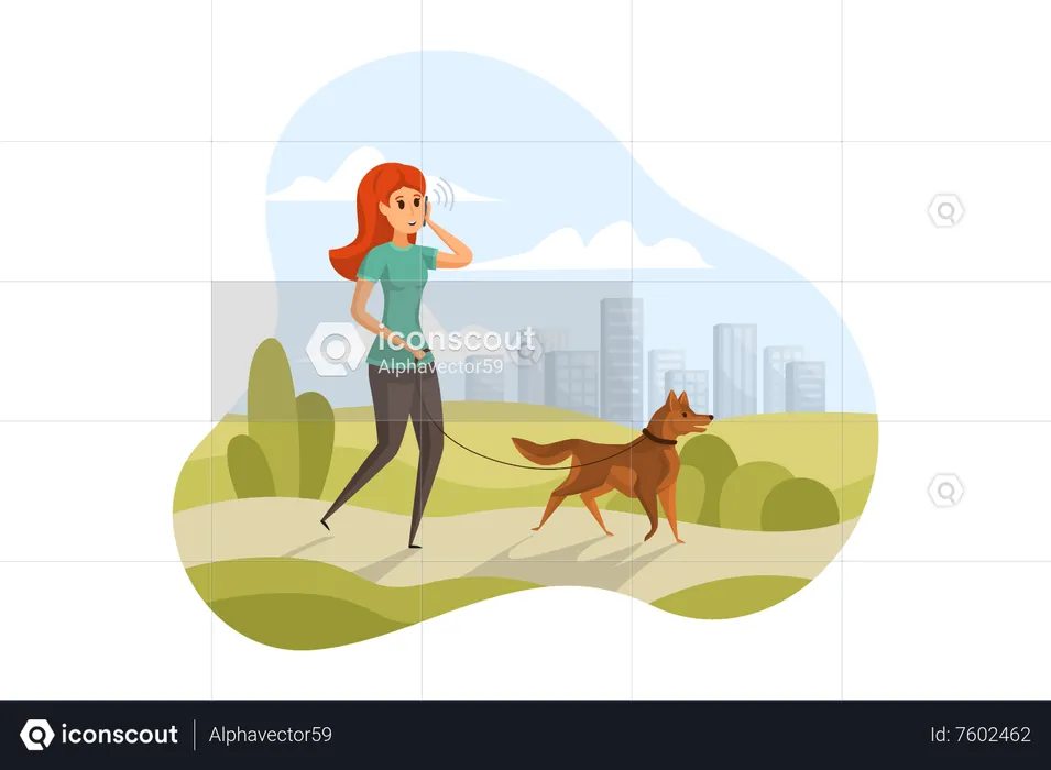 Mujer joven saliendo con mascota  Ilustración