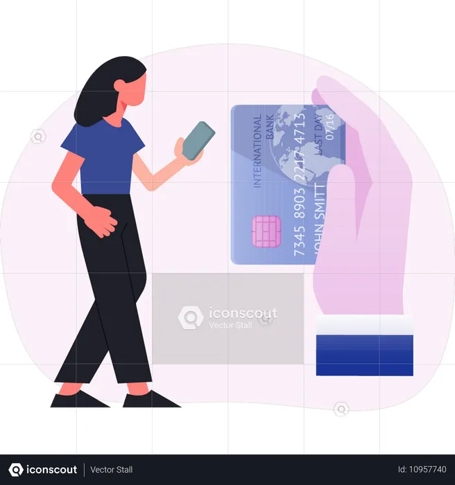 Mujer joven señalando dinero de crédito  Ilustración