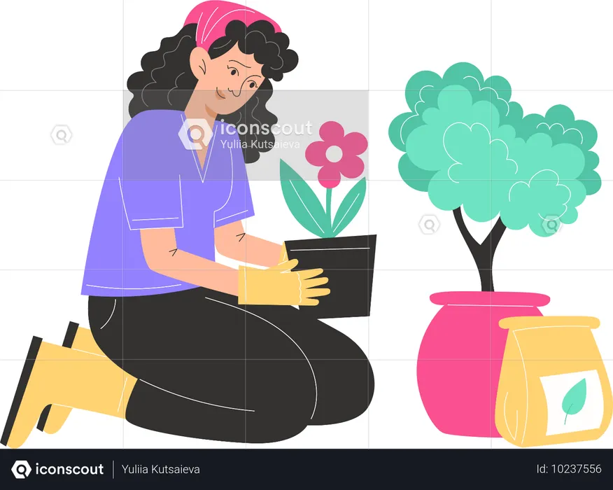 Una mujer joven se sienta y planta flores en macetas.  Ilustración