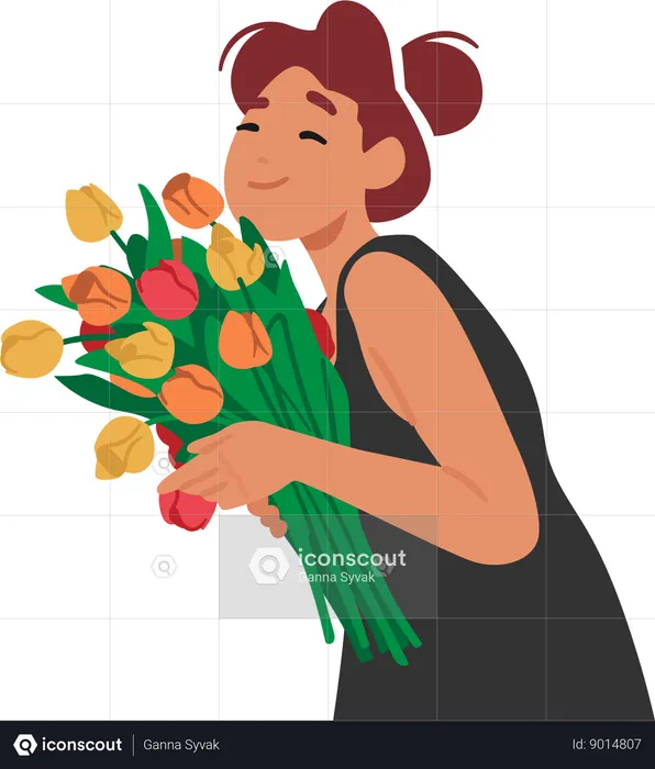 Mujer joven sosteniendo ramo de tulipanes  Ilustración