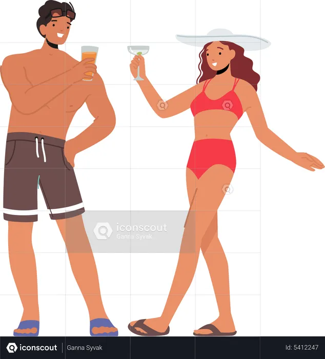 Mujer joven y hombre bebiendo cócteles en la fiesta en la playa  Ilustración