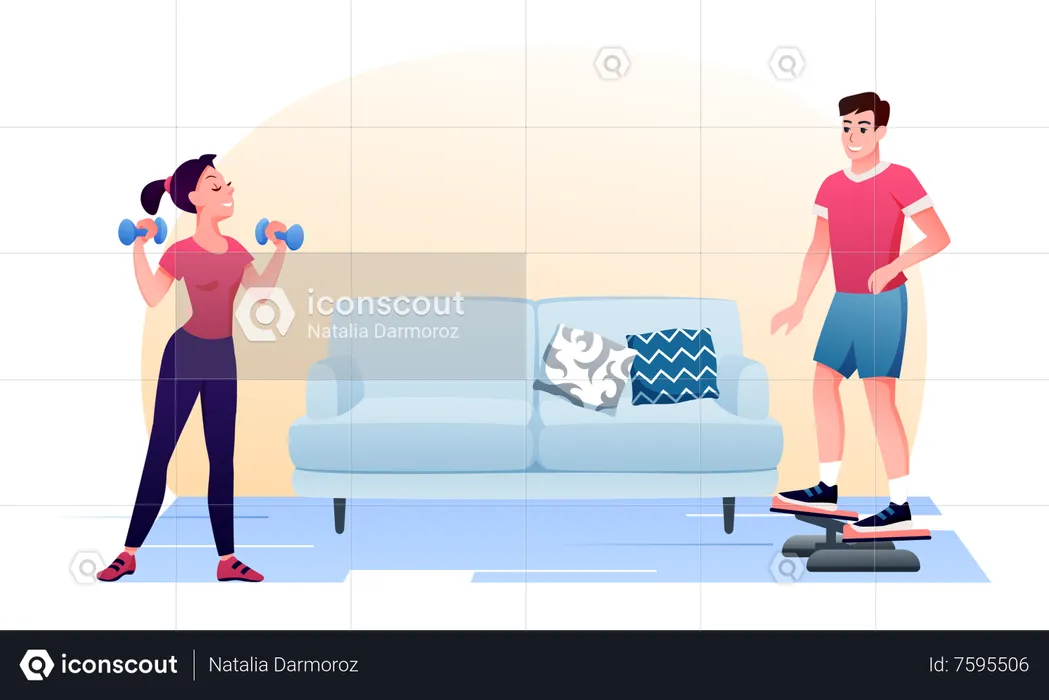 Mujer joven y hombre haciendo ejercicio matutino en casa  Illustration