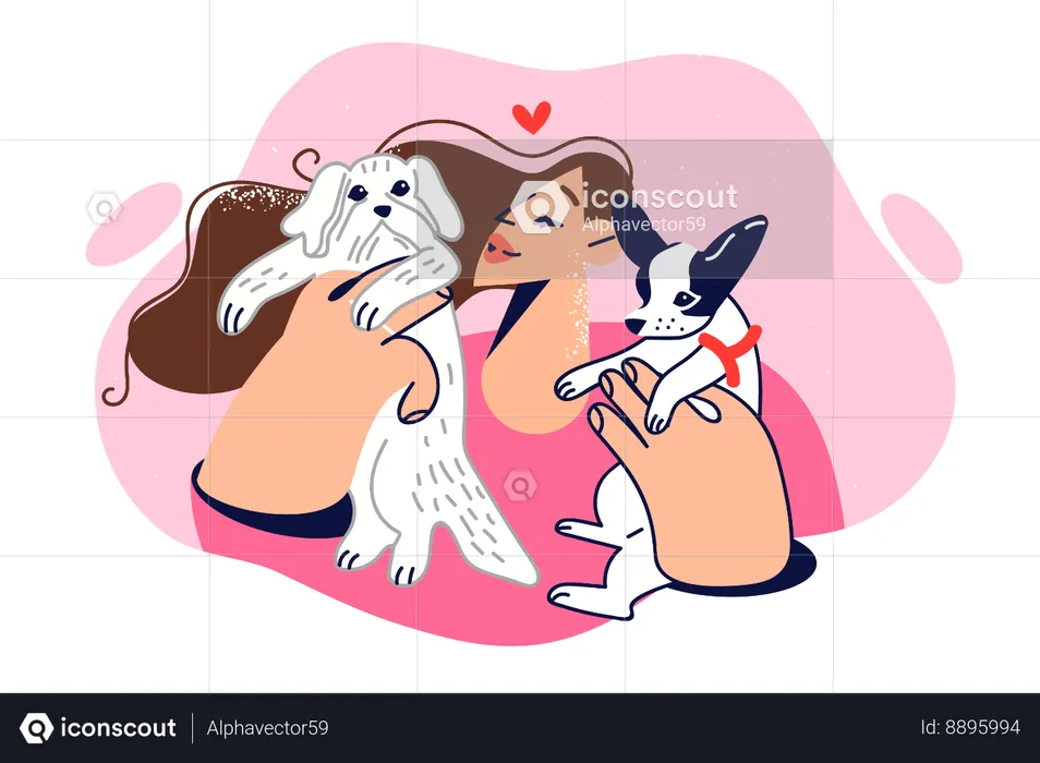 Mujer juega con dos cachorros  Ilustración