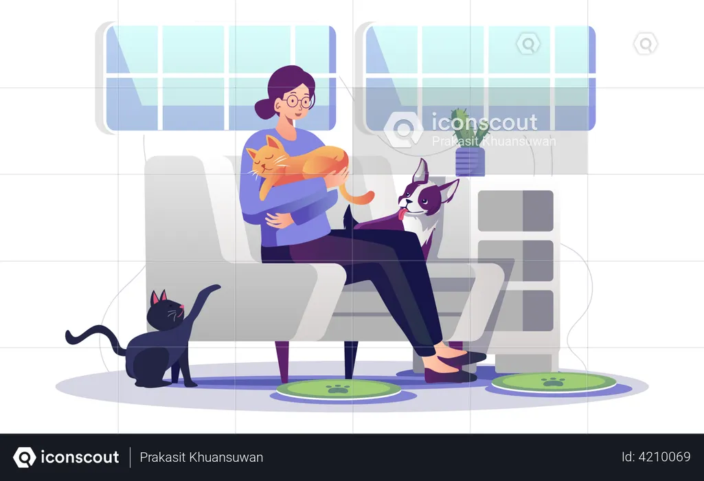 Mujer jugando con mascotas  Ilustración