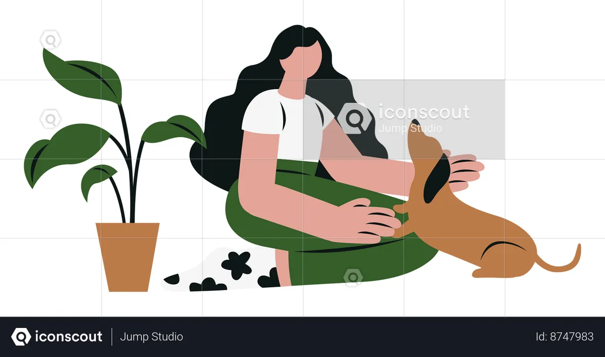 Mujer jugando con su perro mascota  Ilustración