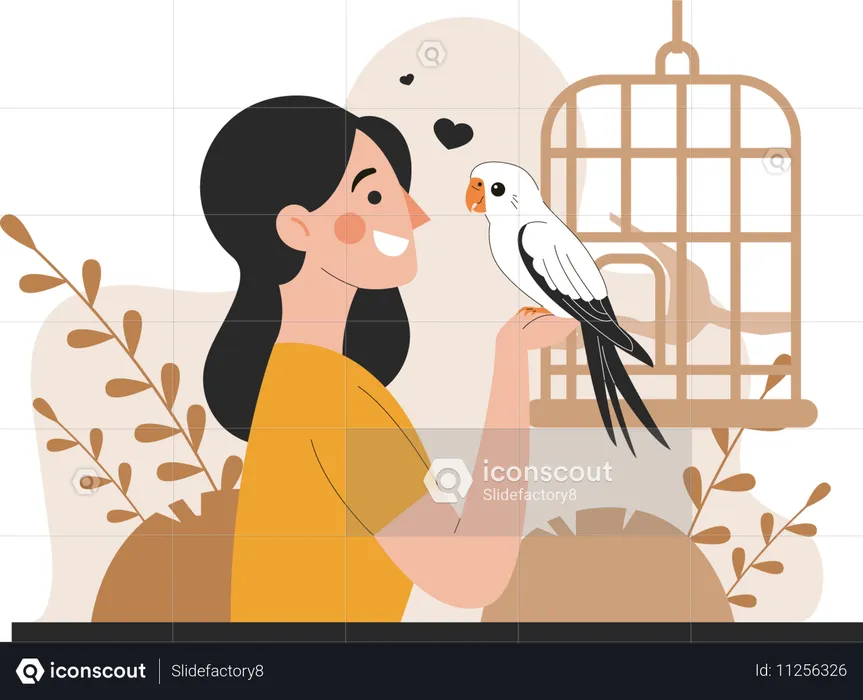 Mujer jugando con un pájaro mascota  Ilustración