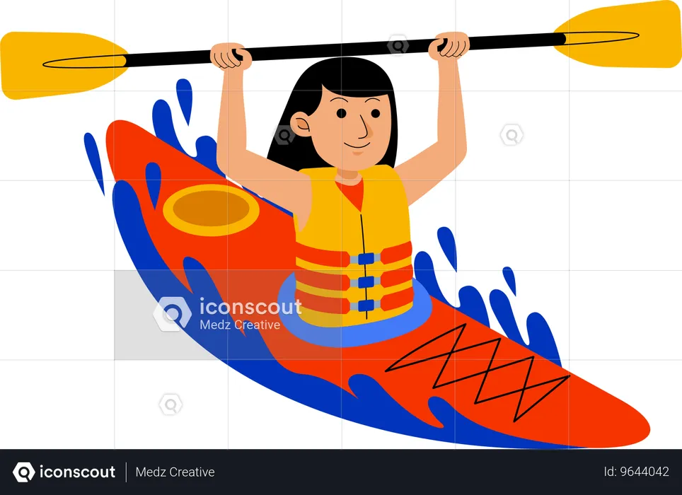 Mujer kayak en la playa  Ilustración