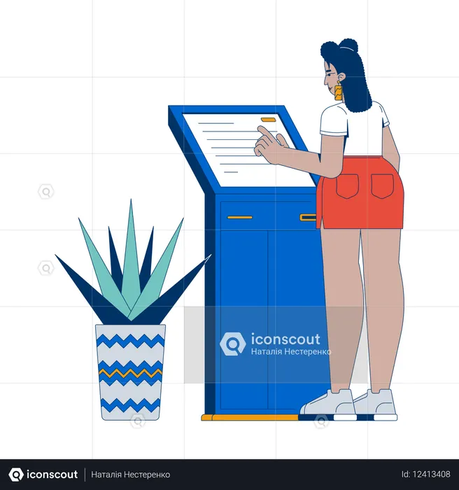 Mujer latina usando un quiosco de banca de autoservicio  Ilustración