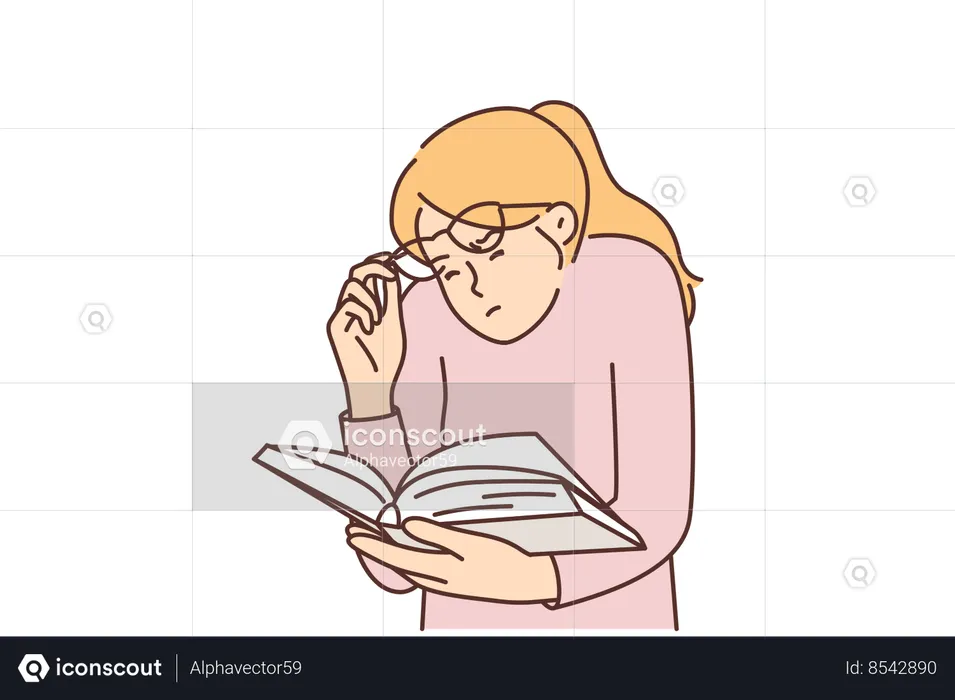 Mujer leyendo libro levantando gafas  Ilustración