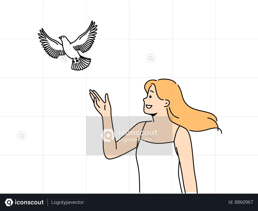 Una mujer suelta una paloma parada y observando un pájaro que simboliza la esperanza y la paz.  Ilustración