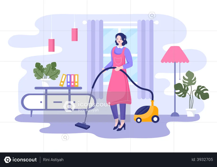 Mujer limpiando con aspiradora  Ilustración