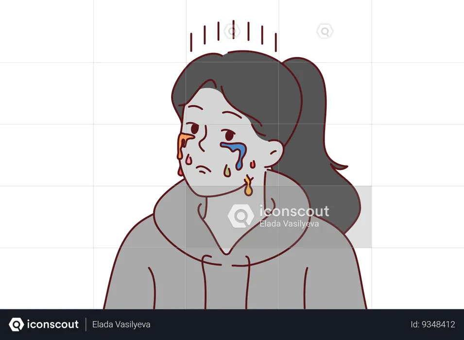 Mujer llorando con mueca deprimida y lágrimas multicolores  Ilustración