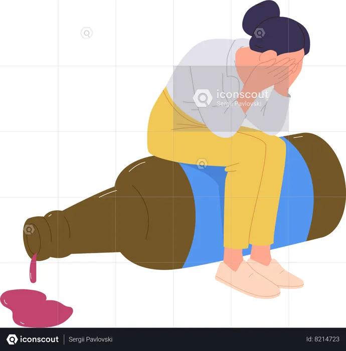 Mujer llorando sintiendo soledad sentada en una botella de vino sufriendo adicción al alcohol  Illustration