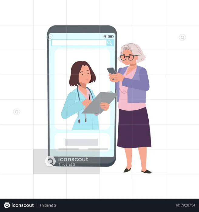Mujer madura que busca asesoramiento médico a través de mensajes  Ilustración