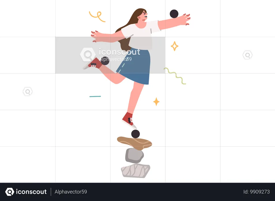 La mujer mantiene el equilibrio y el equilibrio y se para sobre una pirámide de piedras.  Ilustración