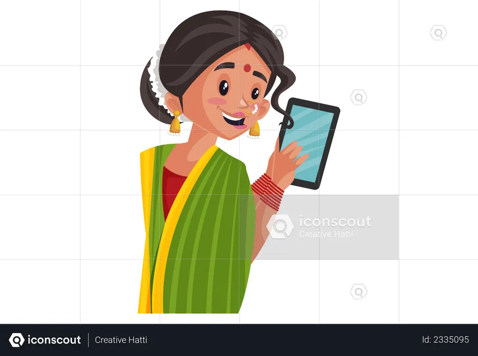 Mujer india marathi sosteniendo tableta en la mano  Ilustración