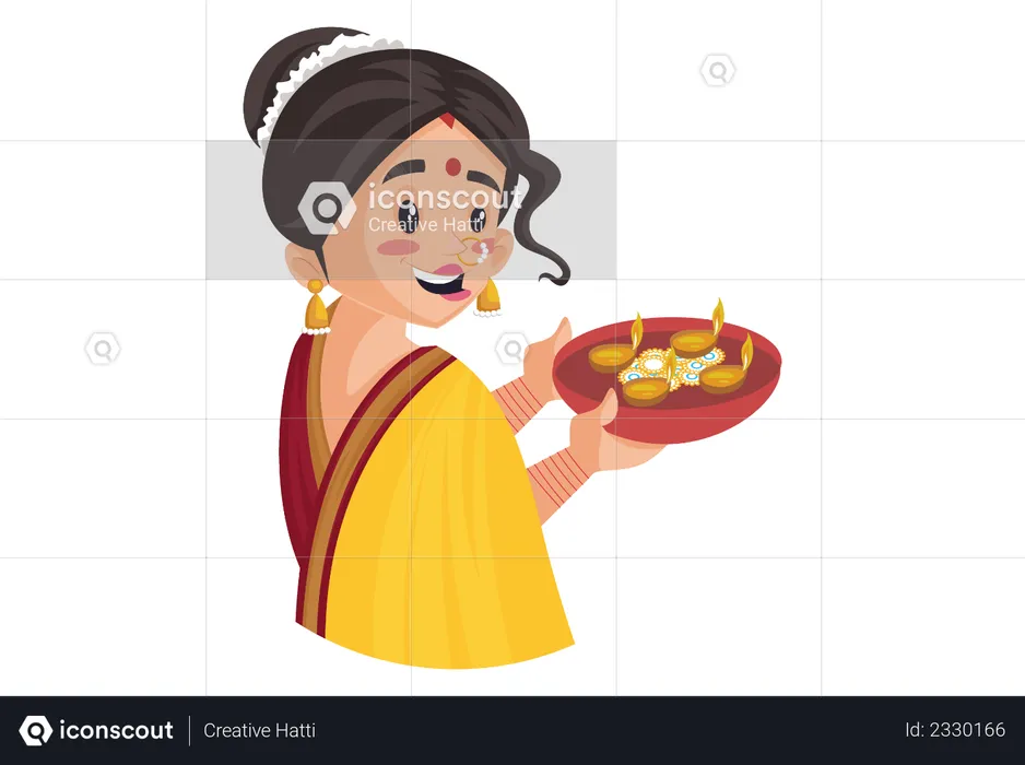 Mujer india marathi sostiene el plato Diya en la mano  Ilustración