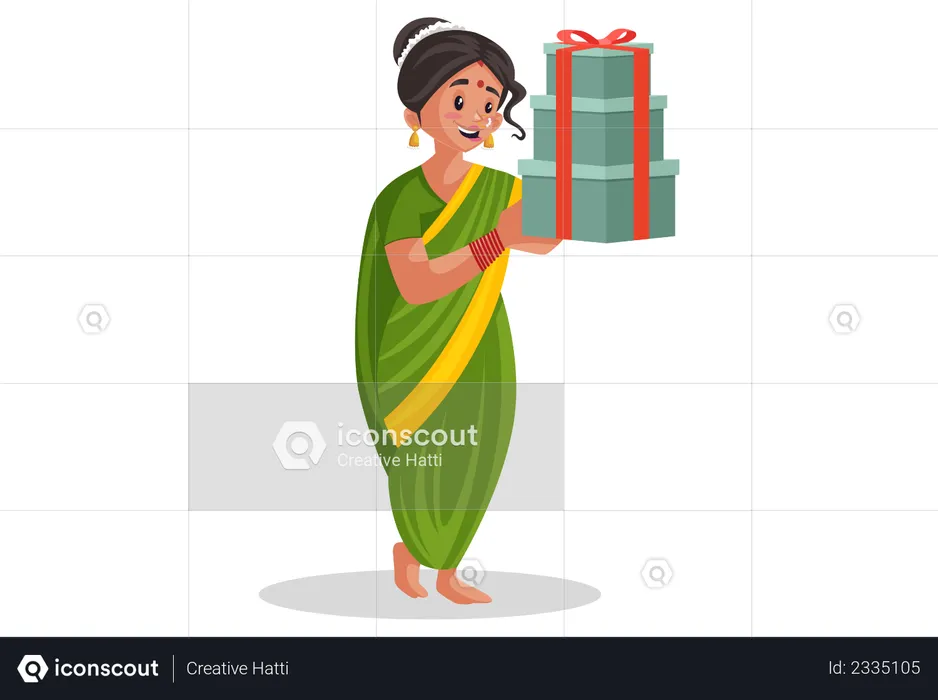 La mujer india marathi tiene regalos en las manos  Ilustración