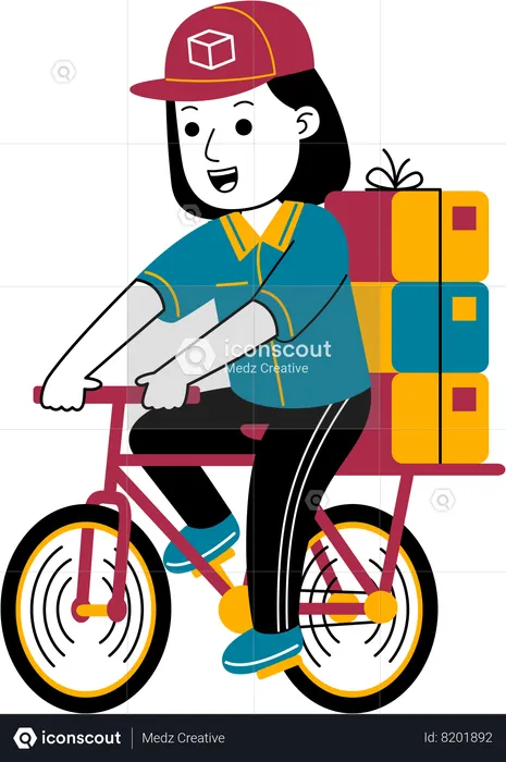 Mujer mensajera entrega el paquete en bicicleta  Ilustración