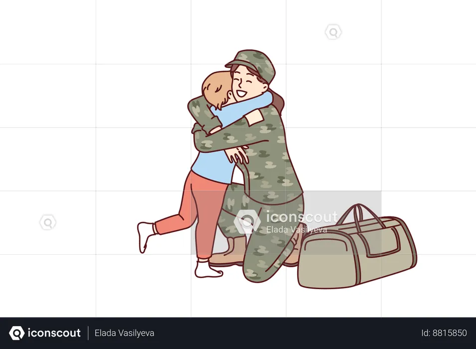 Mujer militar abraza a su hijo tras regresar de la guerra  Ilustración