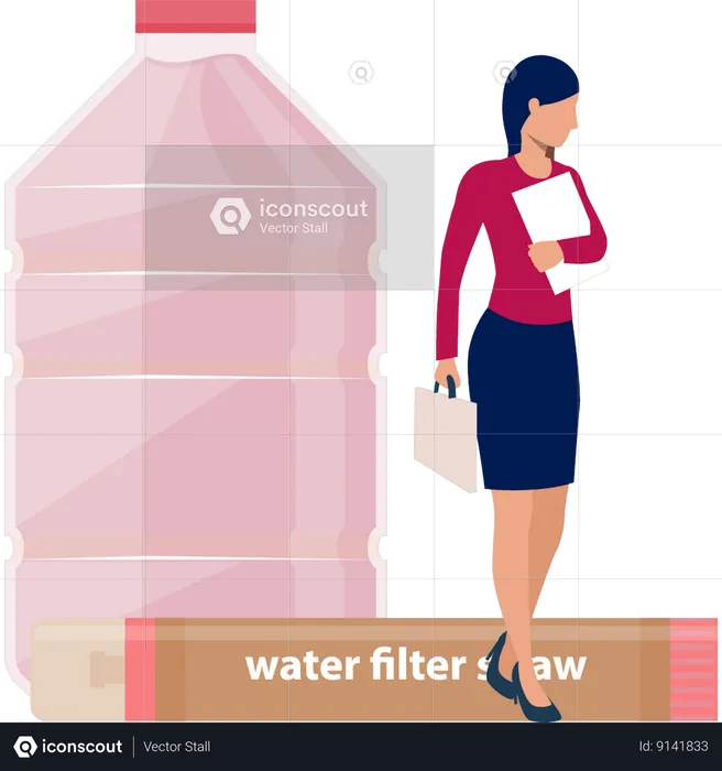 Mujer mirando la botella del filtro de agua  Ilustración