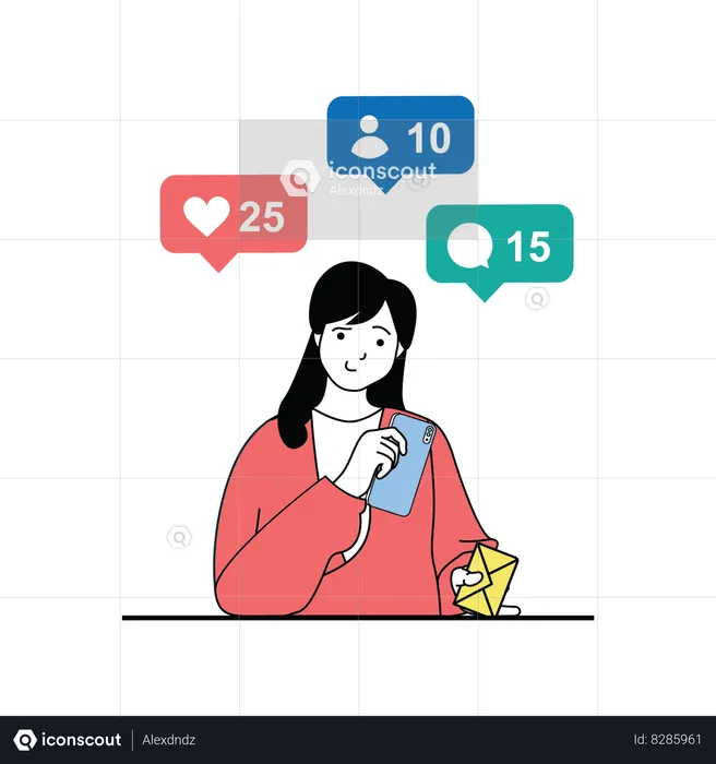 Mujer mirando estadísticas de redes sociales  Ilustración