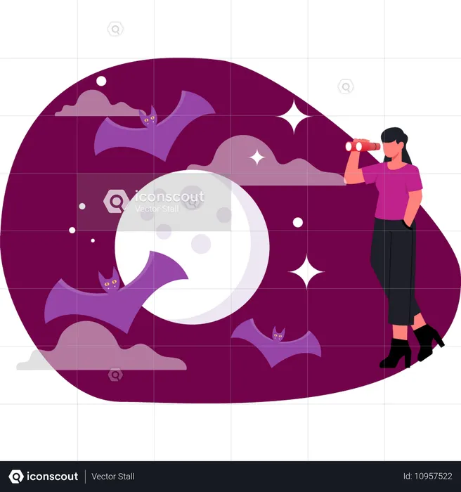 Mujer mirando la luna de Halloween  Ilustración