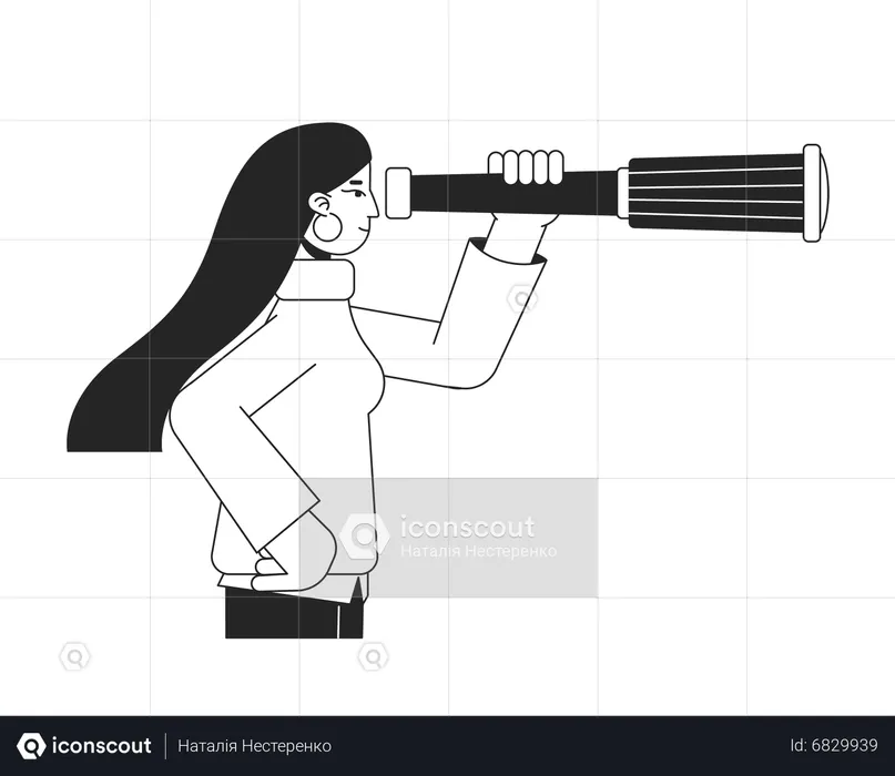 Mujer mirando el telescopio monocular  Ilustración