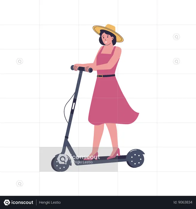 Mujer montando un scooter eléctrico  Ilustración