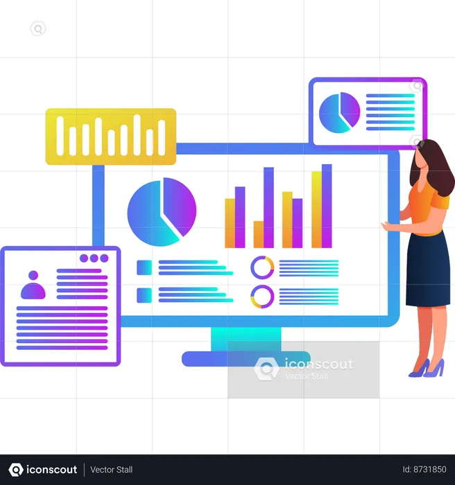 Mujer mostrando un gráfico circular de negocios en el monitor  Ilustración