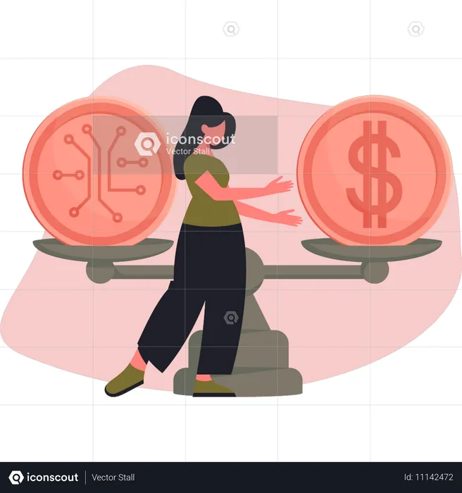 Mujer mostrando balanza de monedas  Ilustración