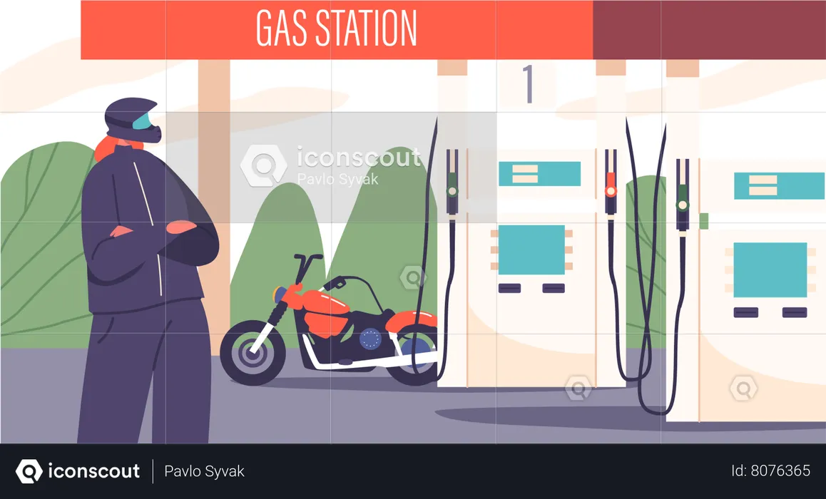 Mujer motociclista reposta bicicleta en gasolinera  Ilustración