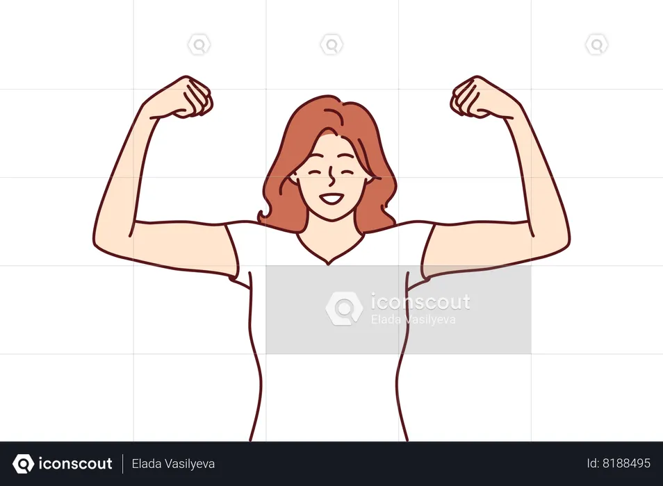 Mujer muestra bíceps y sonríe parada en pose de hombre fuerte  Ilustración