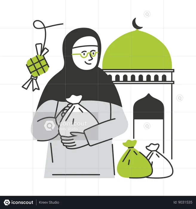 Mujer musulmana comparte zakat durante el Ramadán  Ilustración