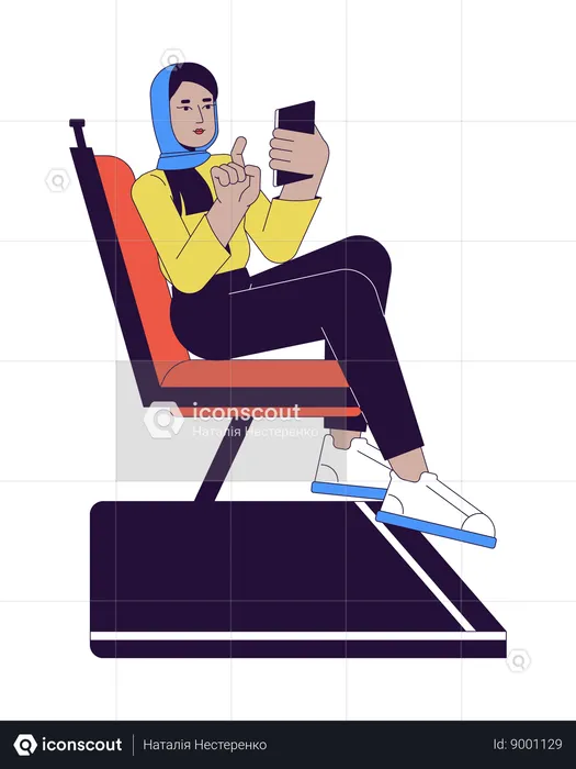 Mujer musulmana desplazando el teléfono en transporte público  Ilustración