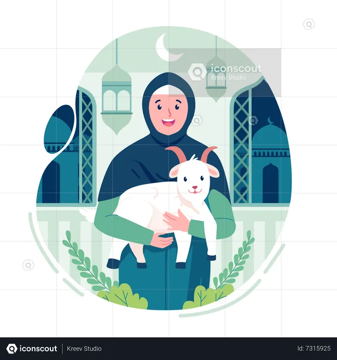 Mujer musulmana sosteniendo una cabra en eid al-adha  Ilustración