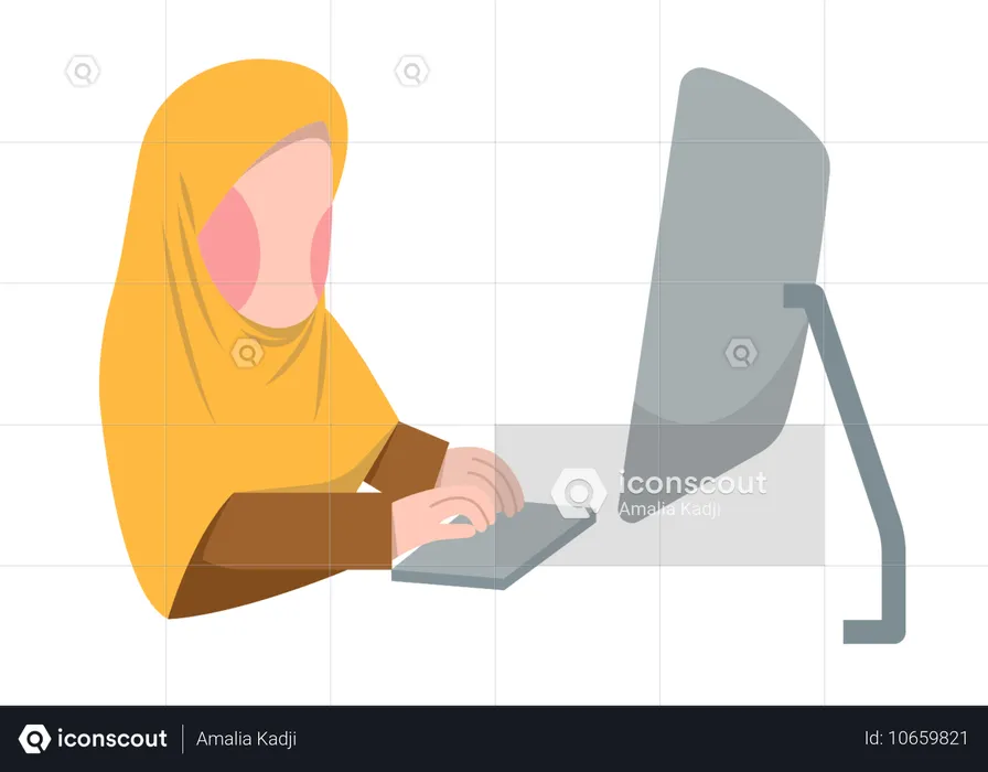 Mujer musulmana trabajando en la computadora  Ilustración