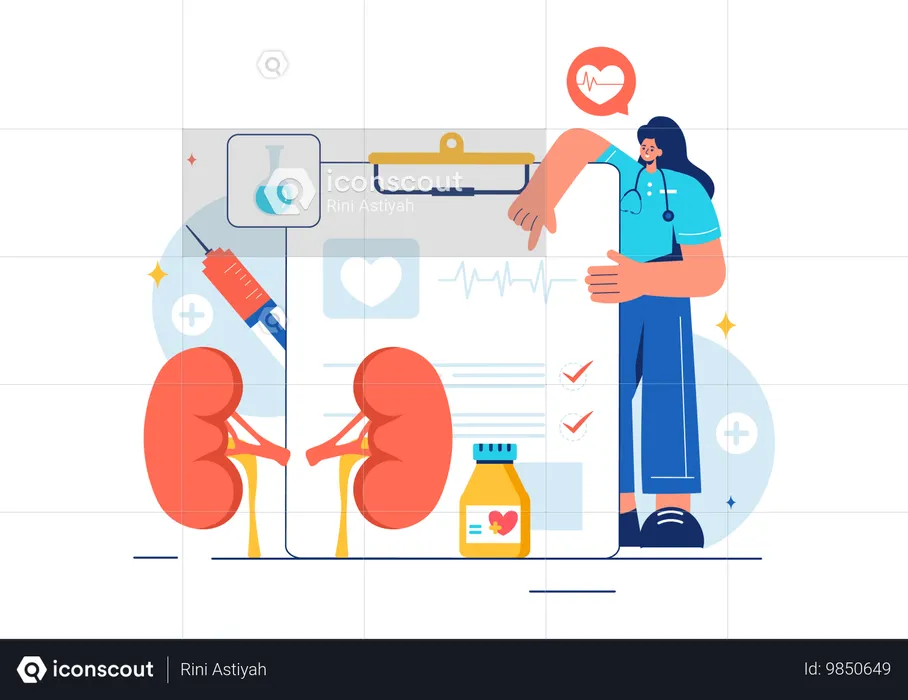 Nefróloga femenina con informe renal  Ilustración