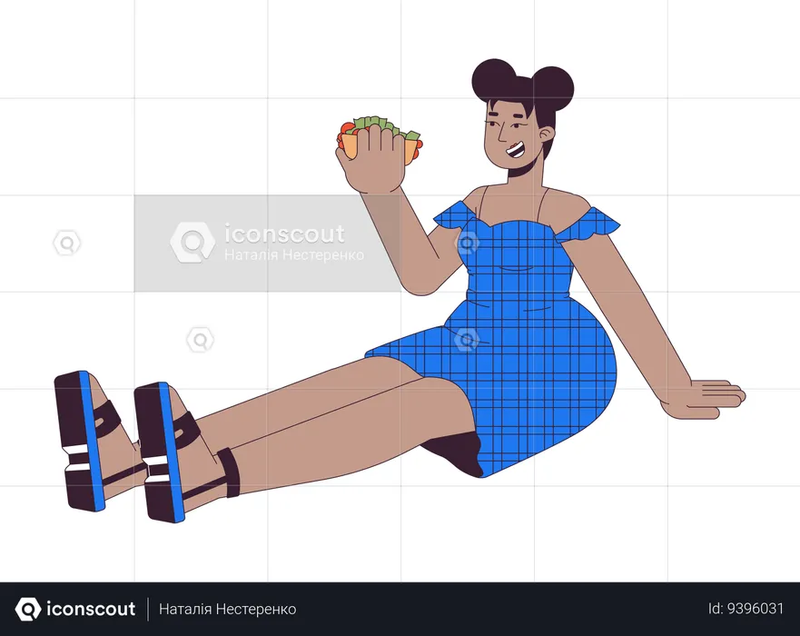 Mujer negra con curvas sosteniendo sándwich  Ilustración